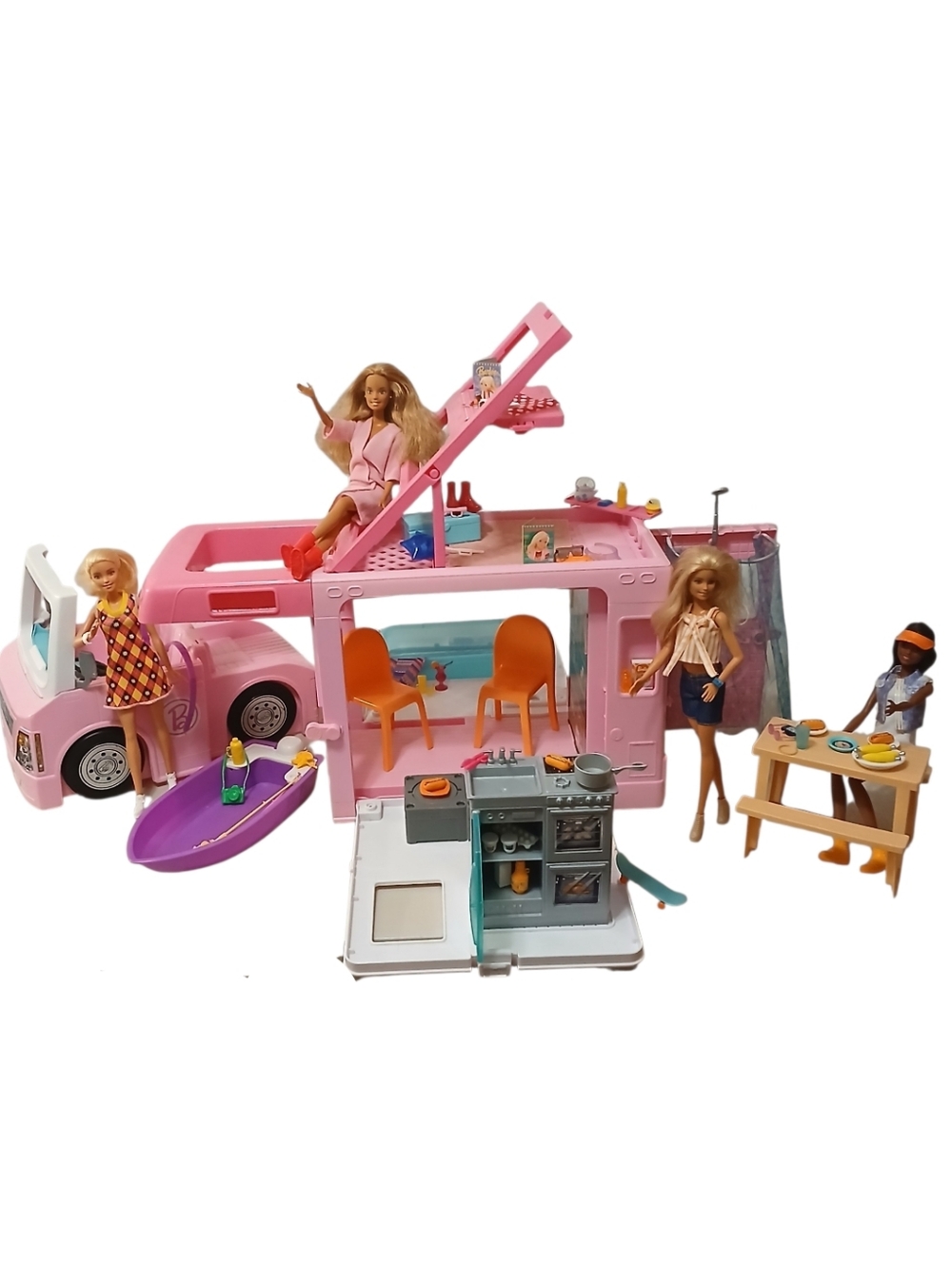 Barbie | Camper Toy Playset, 3-In-1 Dreamcamper w/ Accessories and 4 Barbie's
